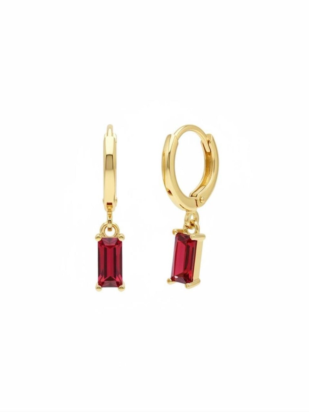 Gold Hoop Earrings with Red Baguette Drop